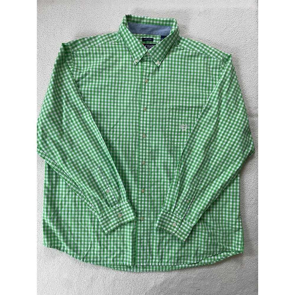 Chaps Mens XXL Button Down Shirt Green Gingham Easy Care Long Sleeve